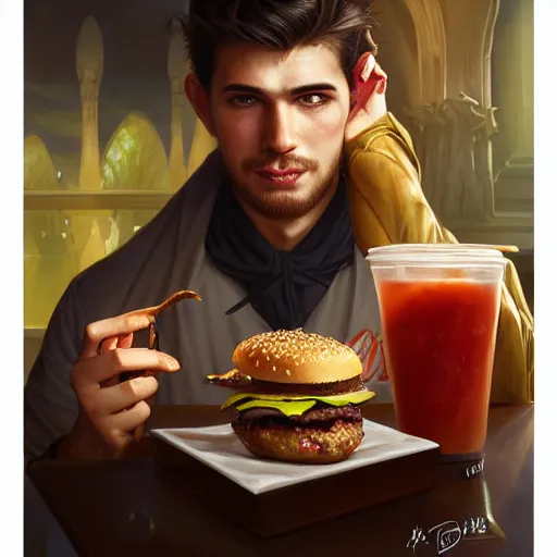 Prompt: portrait of batboy eating hamburgers, extra onions and ketchup, luscious patty with sesame seeds, feminine ethereal, handsome, d & d, fantasy, intricate, elegant, highly detailed, digital painting, artstation, concept art, matte, sharp focus, illustration, art by artgerm and greg rutkowski and alphonse mucha