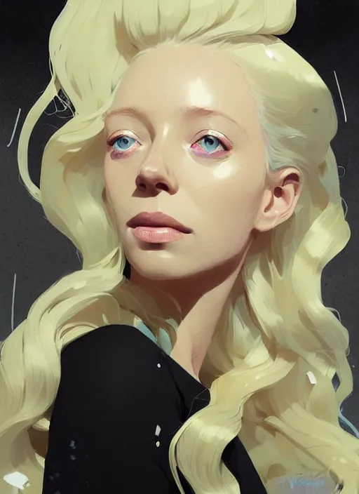 Image similar to highly detailed closeup portrait of beautiful portia doubleday, blonde wavy hair, angela moss, white suit by atey ghailan, by greg rutkowski, by greg tocchini, by james gilleard, by joe fenton, by kaethe butcher, gradient yellow, black and white color scheme, grunge aesthetic!!! ( ( graffiti tag wall background ) )