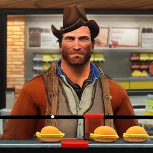 Image similar to arthur morgan as a cashier at mcdonalds