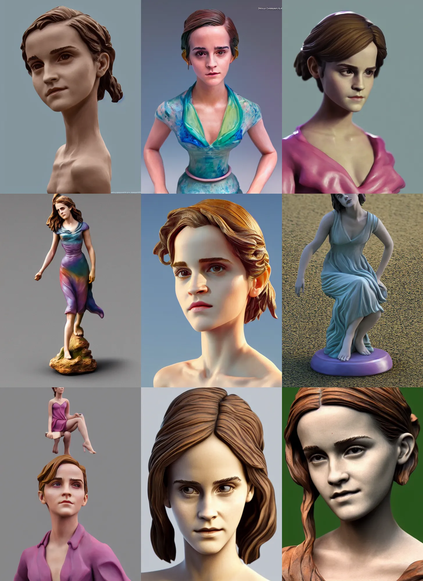 Prompt: 3D resin miniature sculpture of Emma Watson by Jean-Baptiste Carpeaux and Luo Li Rong, summertime, colorful, fresh colors, full body shot, elegant, academic art, realistic, 8K, Product Introduction Photo, Hyperrealism. Subsurface scattering, raytracing, Octane Render, Zbrush, simple background