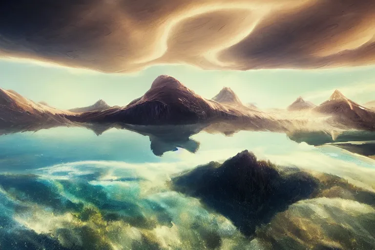 Prompt: an upside down mountain in the water by jessica rossier