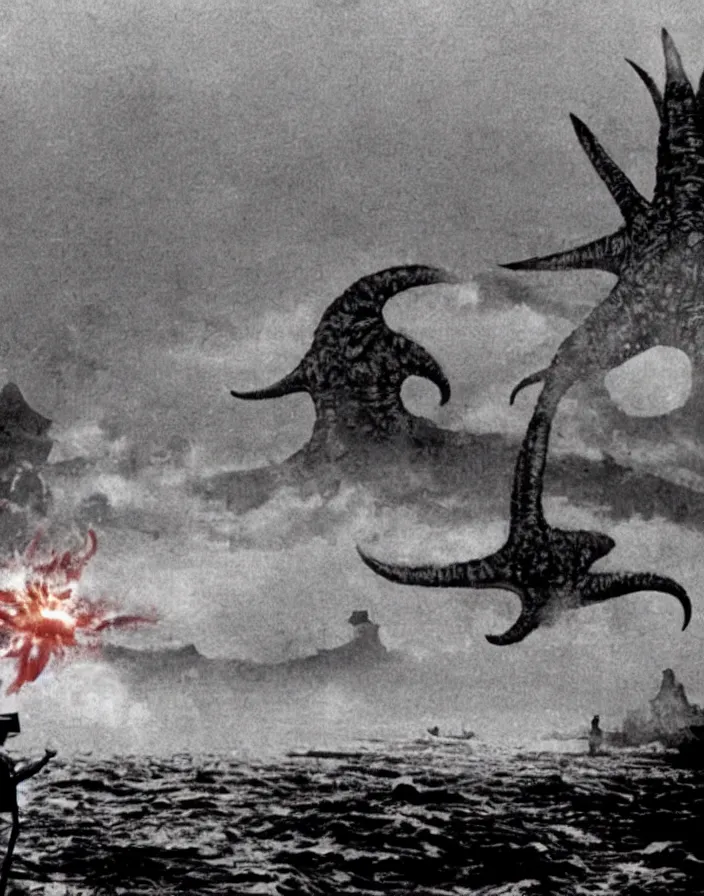 Image similar to a filmstill of a north korean monster movie, kaiju - eiga monster starfish - like trampling a traditional korean palace, foggy, film noir, epic battle, etheral, explosions, communist propaganda, communist epic thriller, by akira kurosawa and wes anderson video compression