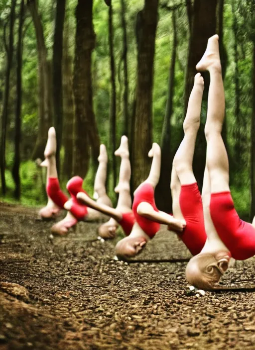 Image similar to a beautiful detailed photo of a group of girls doing gymnastics in the forest, realistic, f 8, 4 k hd wallpaper