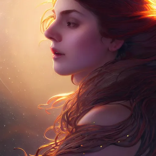 Image similar to girl with super long hair, hair becoming night stars, intricate, highly detailed, digital painting, artstation, concept art, smooth, sharp focus, illustration, unreal engine 5, 8 k, art by artgerm and greg rutkowski and alphonse mucha