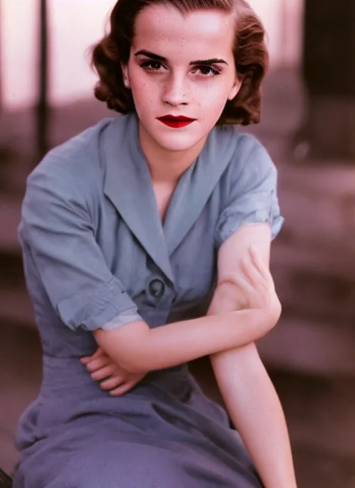 Image similar to Retro color photography 1940s portrait Hollywood headshot of Emma Watson Cinestill 800T, 1/2 pro mist filter, and 65mm 1.5x anamorphic lens