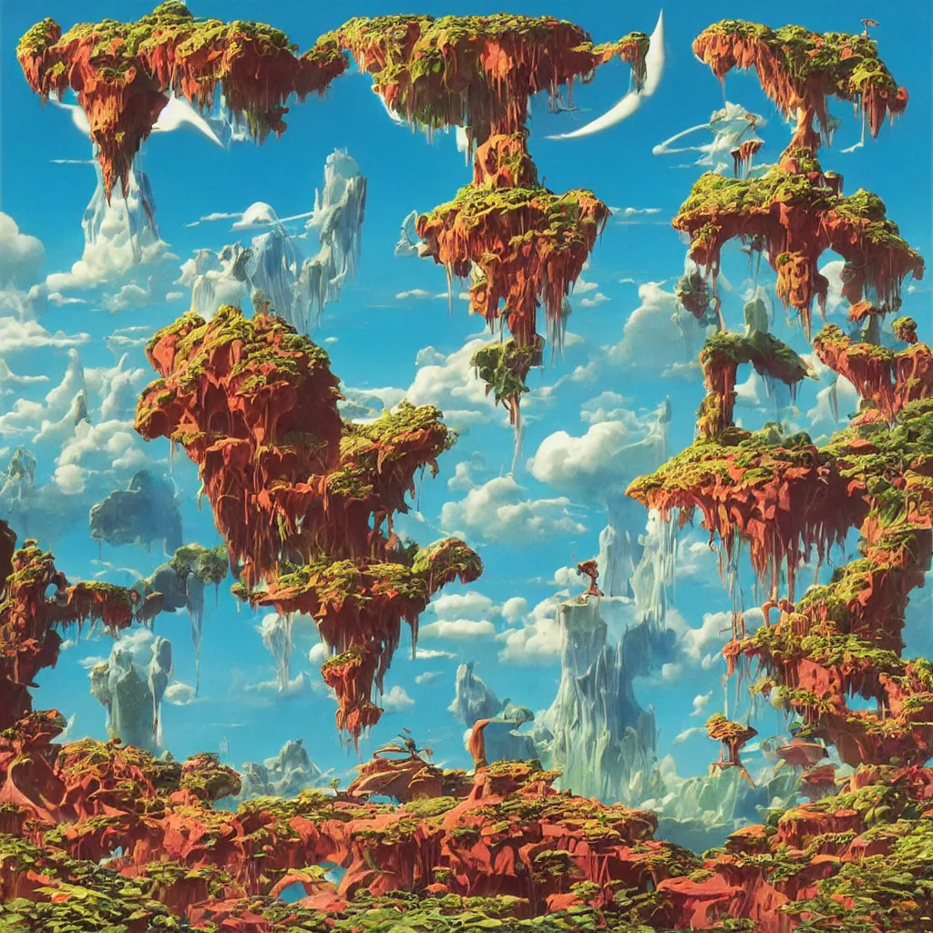 Image similar to broken floating islands, cascading impossible waterfalls, flying mythical beasts inside of a crystal spherical world, by Roger Dean and by Moebius, album cover art from the 1970s