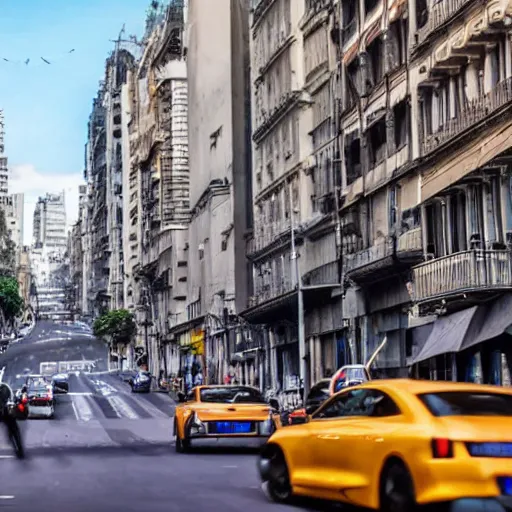 Image similar to Buenos Aires Argentina, futuristic cars in the street, holograms in the street, detailed, hd