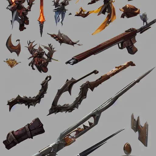 Prompt: set of 2d weapons and items , game asset of six different 2d items and weapons by Stanley Artgerm Lau, game pack, assets, WLOP, Rossdraws, James Jean, Andrei Riabovitchev, Marc Simonetti, and Sakimichan, tranding on artstation , assets