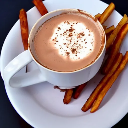 Prompt: hot chocolate with french fries in it