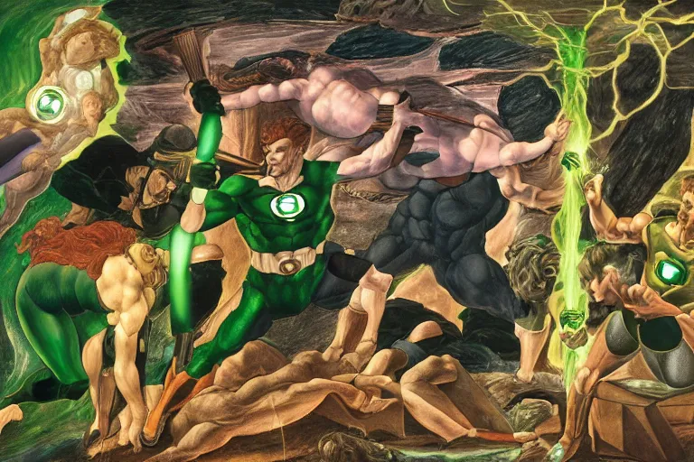 Image similar to multicolor sketch of green lantern creating a giant hammer by sandro botticelli in 4 k ultra high resolution, with inspiring feeling