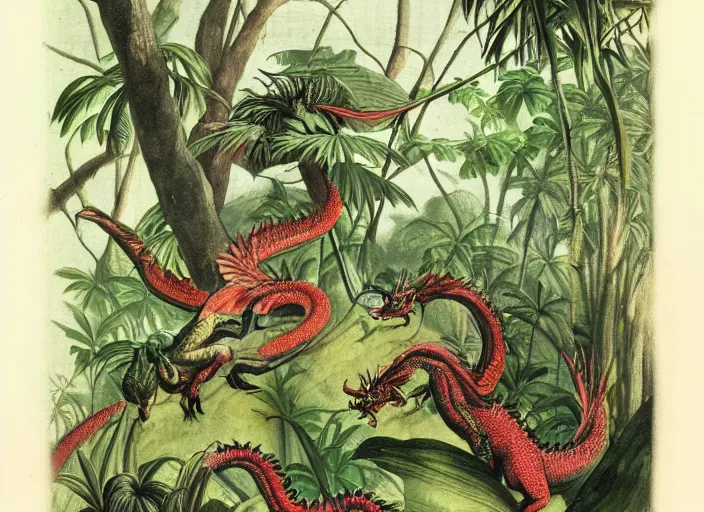 Image similar to dragons in a tropical forest, john james audubon, vintage botanical, intaglio