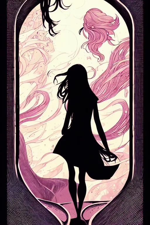 Image similar to concept art design illustration, teen girl walking away alone street flowing hair, sad, fantasy book cover, young adult book cover style, illustration!!, 4 colors, logo, ink drawing, art by jc leyendecker and sachin teng