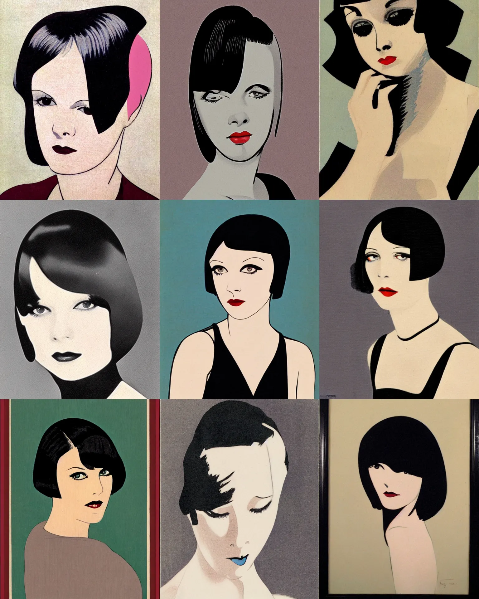 Prompt: Mary Louise Brooks 25 years old, flapper, french bob hairstyle, portrait by Patrick Nagel, 1920s,