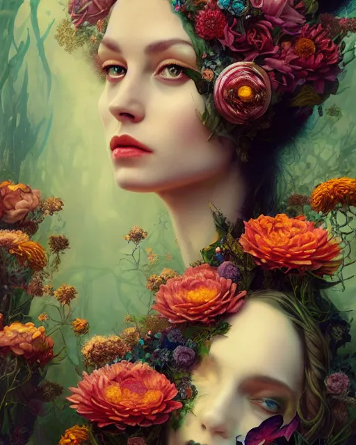 Image similar to portrait of the queen of the underworld, surrounded by flowers by karol bak, james jean, tom bagshaw, rococo, trending on artstation, cinematic lighting, hyper realism, octane render, 8 k, hyper detailed.