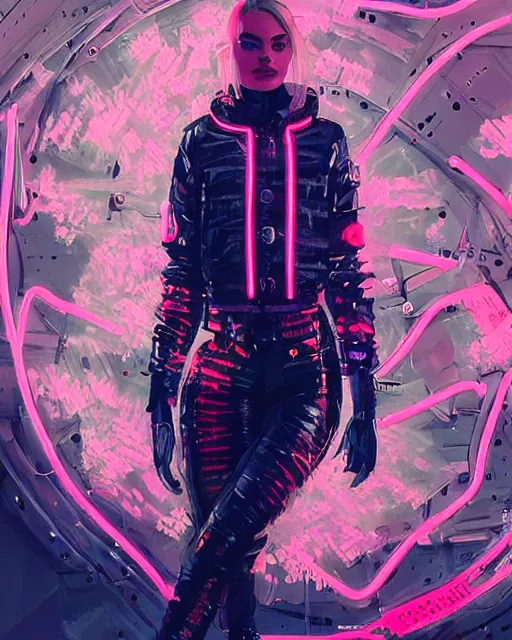 Prompt: detailed margot robbie portrait neon operator girl cyberpunk futuristic neon reflective puffy coat, decorated with traditional japanese ornaments by ismail inceoglu dragan bibin hans thoma greg rutkowski alexandros pyromallis nekro rene margitte illustrated perfect face, fine details, realistic shaded, fine - face, pretty face