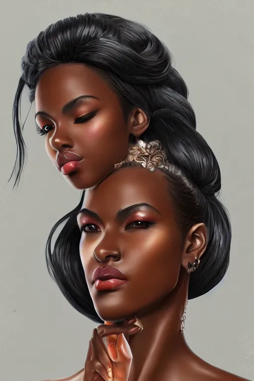 Image similar to A bust of a tall black skinned girl with large lips and smooth eyebrows and wavy hair, HD, illustration, epic, fantasy, intricate, elegant, amazing detail, digital painting, artstation, concept art, smooth, sharp focus, illustration, art by Turine Tran