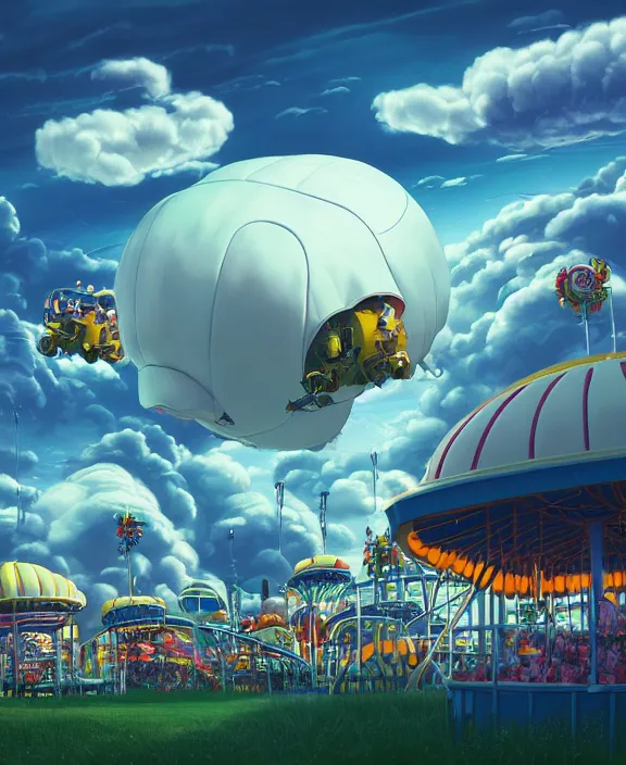 Image similar to a puffy inflated amusement park made out of fat seamless alien creatures, in the style of an aerodynamic obese robot, overgrown with thick orchids, partly cloudy, moody, dramatic lighting, by dan mumford, yusuke murata, makoto shinkai, ross tran, cinematic, unreal engine, cel shaded, featured on artstation, pixiv