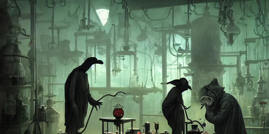 Image similar to a plague doctor and a humanoid rat in a laboratory with lots of flasks filled with magic liquids and green fog, stephen bliss, unreal engine, fantasy art by greg rutkowski, loish, rhads, ferdinand knab, ilya kuvshinov, rossdraws, tom bagshaw, global illumination, radiant soft light, detailed and intricate environment