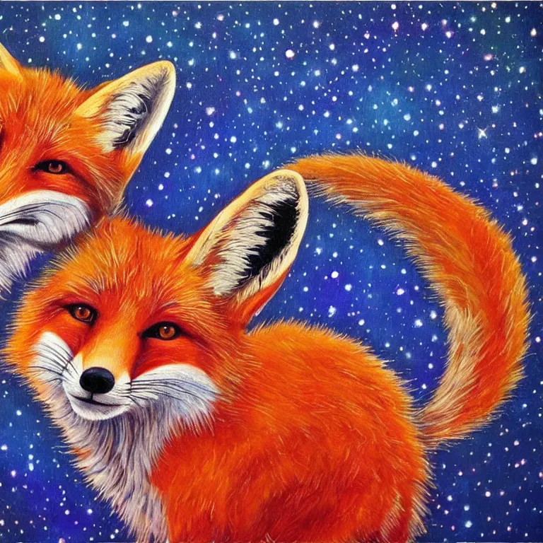 Prompt: a painting of a fox in the style of Starry Night, synthwave, highly detailed