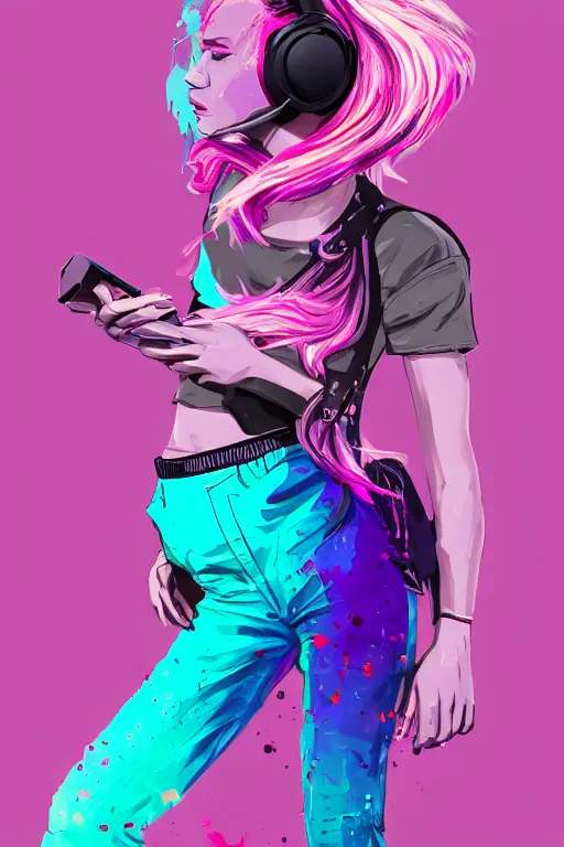 Image similar to a award winning half body portrait of a beautiful woman in a croptop and cargo pants with ombre purple pink teal hairstyle with head in motion and hair flying listenin to music on headphones by wlop, paint splatter, outrun, vaporware, shaded flat illustration, digital art, trending on artstation, highly detailed, fine detail, intricate