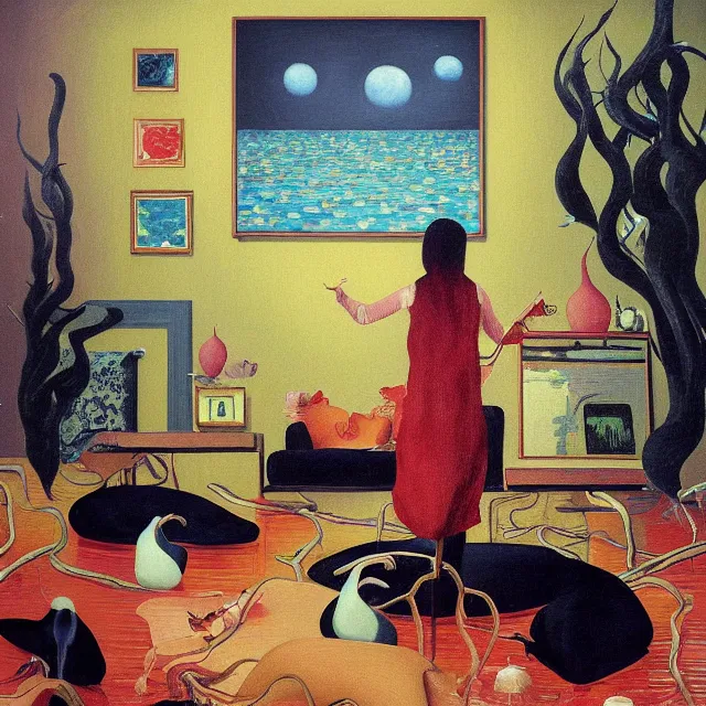 Image similar to female emo art student in her lounge room, painting of flood waters inside an artist's loungeroom, a river flooding indoors, pomegranates, pigs, ikebana, water, octopus, river, rapids, waterfall, black swans, canoe, berries, acrylic on canvas, surrealist, by magritte and monet