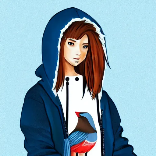 Prompt: humanoid furry!! anthro avian!!!!! fursona, bird!!!!! female!! digital art! trending on artstation! subject wearing hoodie and jeans!!