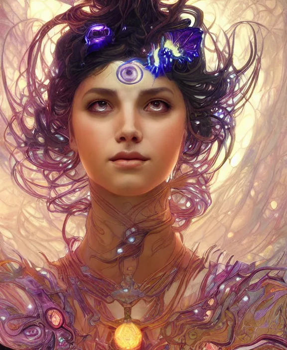 Image similar to a whirlwind of souls rushing inside the metaverse, half body, glowin eyes, tiara with sapphire, insect, d & d, fantasy, intricate, elegant, highly detailed, colorful, vivid color, digital painting, artstation, concept art, art by artgerm and greg rutkowski and alphonse mucha and ruan jia