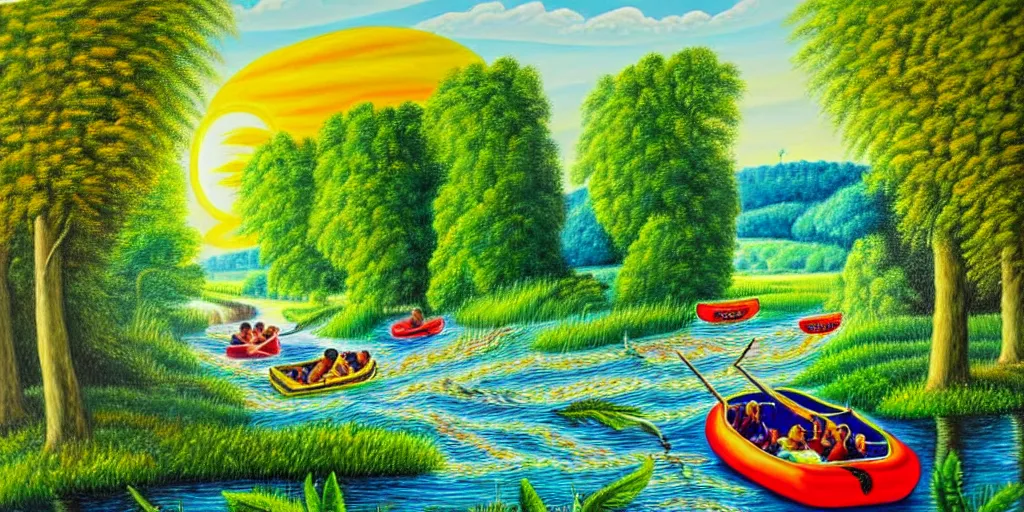 Image similar to A very detailed painting in the style of featuring a river in Europe surrounded by trees and fields. A rubber dinghy is slowly moving through the water. Sun is shining. Psychodelic painting