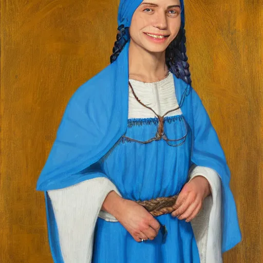 Prompt: A young woman, long dark braided hair, light skin color and blue eyes in a simple but beautiful blue medieval dress, with a brown with flowers embroided cape and a satchet, she is a healer and a serious person but smiling slightly, Jan Vemeer, 4k digital art, oilpainting