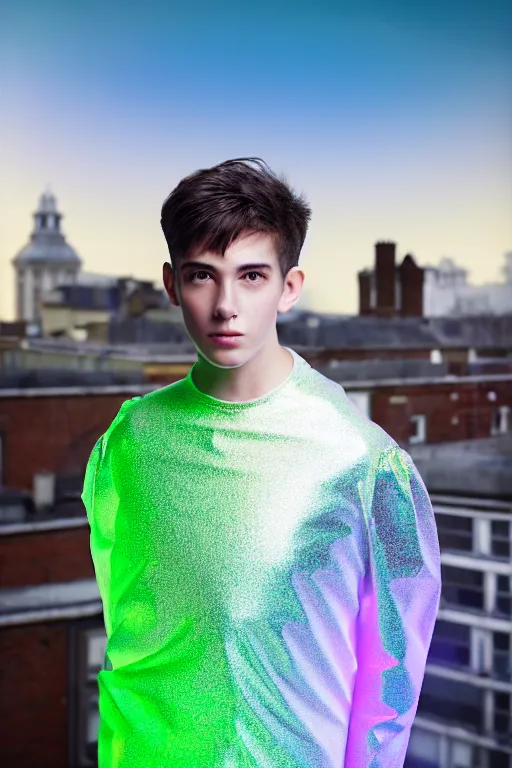 Prompt: un ultra high definition studio quality photographic art portrait of a young man standing on the rooftop of a british apartment building wearing soft inflatable padded iridescent refractive clothing. three point light. extremely detailed. golden ratio, ray tracing, volumetric light, shallow depth of field. set dressed.