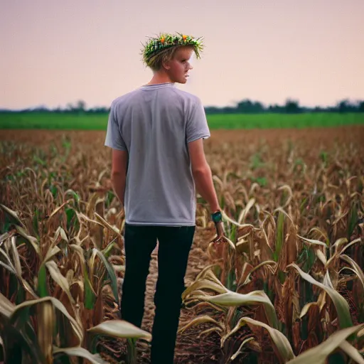 Image similar to agfa vista 4 0 0 photograph of a skinny blonde guy standing in a cornfield, flower crown, back view, grain, moody lighting, telephoto, 9 0 s vibe, blurry background, vaporwave colors!, faded!,