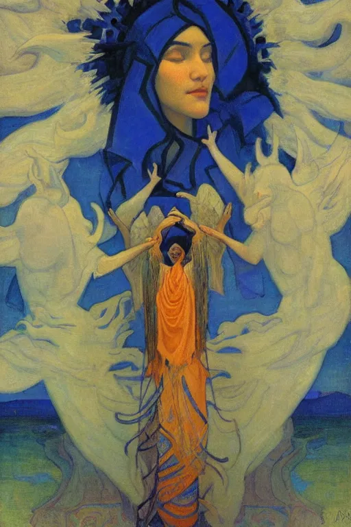 Image similar to spirit of high Summer, by Nicholas Roerich and Annie Swynnerton and Sidney Harold Meteyard, dramatic cinematic lighting , ornate headdress , flowing robes, sacred artifacts, lost civilizations, smooth, sharp focus, extremely detailed