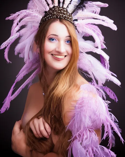 Image similar to beautiful woman with a dress of feathers photo 3 5 mm, studio light