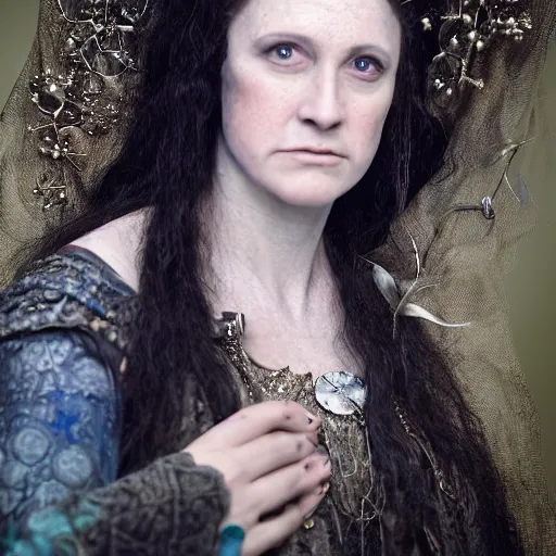 Prompt: a realistic portrait closeup 5 0 mm studio photograph by annie leibowitz of morgan le fay, a ruthless and ambitious enchantress of legend.