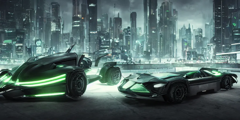 Prompt: the batmobile driving through a futuristic city. neon. fluorescent light. view from inside the cockpit, behind the wheel. highly detailed. octane render. 8 k. monochrome. color scheme dark green. cinematic.