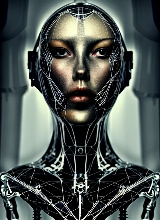 Image similar to a young beautiful female cyborg profile face, by h. r. giger, by ismail inceoglu, by kiki smith, glamor shot, vintage, closeup, f / 2. 8, low contrast, 1 6 k, rim lighting, cinematic lighting, insanely detailed and intricate, hypermaximalist, elegant, ornate, hyper realistic, super detailed