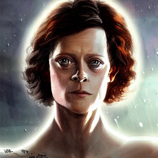 Prompt: young sigourney weaver as a d & d human fighter, character portrait by wlop