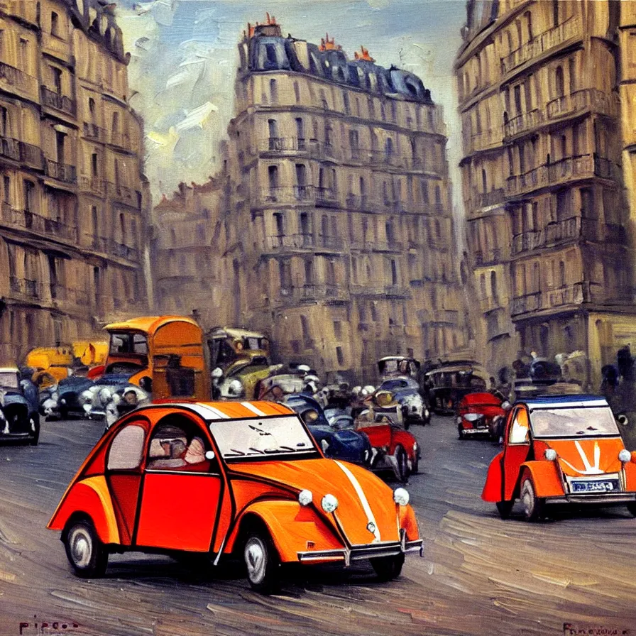 Image similar to twenty citroen 2 cv racing through paris in the 1 9 5 0 s. oil painting by pisaro