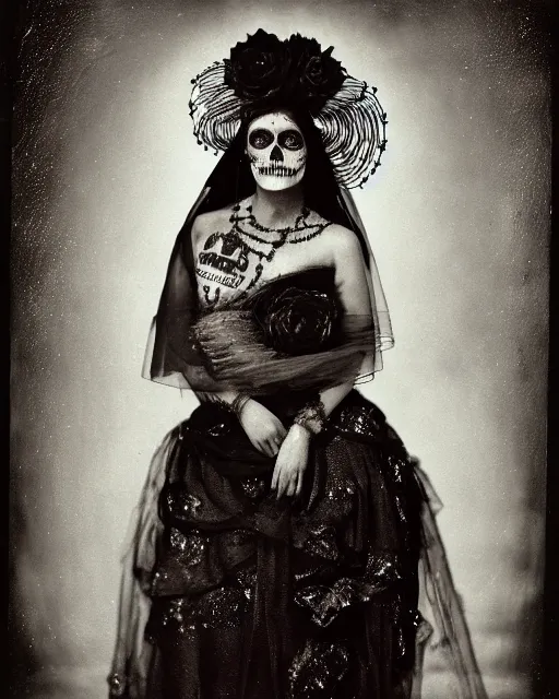 Image similar to tintype religious veil woman in dia de muertos dress and makeup high quality photo, microchip, artificial intelligence, bio - mechanical bio - luminescence, black wired cables, neurons, nerve cells, cinematic, rim light, photo - realistic, high detail, 8 k, masterpiece, high fashion, in the style of steven meisel dora maar h. r. giger