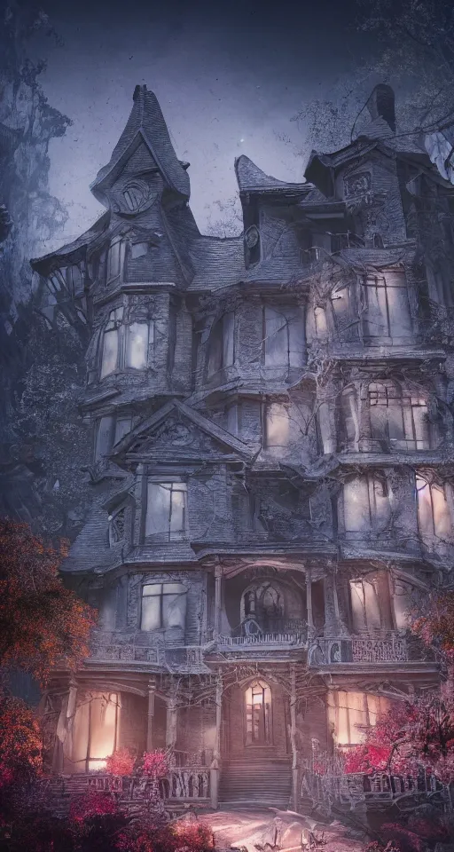 Image similar to A haunted Mansion on the mountain's edge at night during the Lunar Eclipse, evil, demonic, enchanting, angelic, flowers, nature, city, symmetry, environment concept, cinematic, Rendered in Octane, trending on artstation, cgsociety, moody lighting rendered by octane engine, environment 8K artstation, cinematic lighting, intricate details, 8k detail post processing, hyperealistic, octane render, photo realism, visually inspired by Stephen King