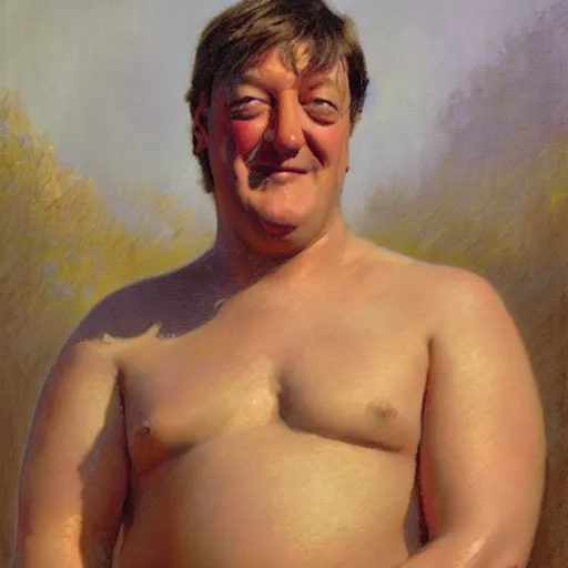 Prompt: Stephen Fry with a flabby body type, painting by Gaston Bussiere, Craig Mullins