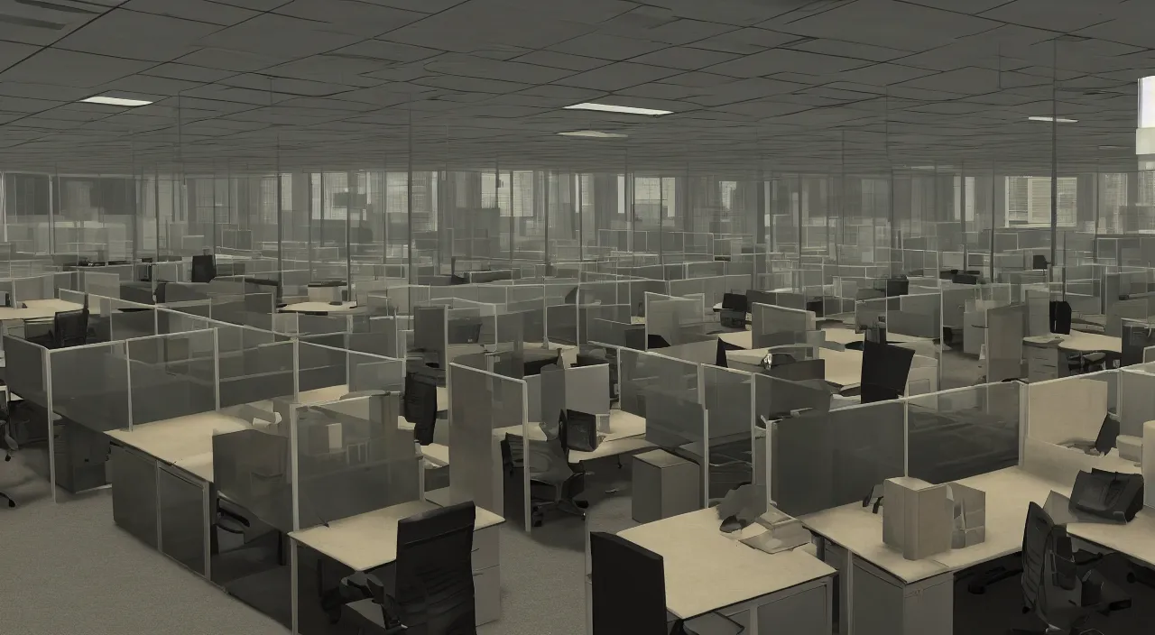 Image similar to An office at 3AM with multiple cubicles and a window that provides a view of the city, Source Engine, Gmod, Half Life 2