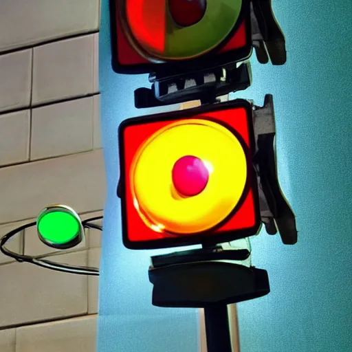 Prompt: a realistic photo of traffic light that uses portals from the video game portal 2 to control traffic by sending vehicle into blue portals and out of organge portals at an intersection