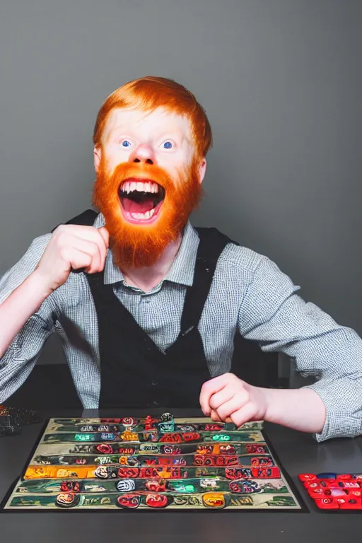 Prompt: 3 / 4 body photo of a young ginger men with disgusting! teeth, playing a boardgame, nerdy appearance, smooth, sharp, 8 5 mm, f / 1. 3