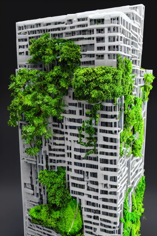 Prompt: 3 d printed physical model organic flowy including more than one city into one vertical building model that sits on a table in a room with a viewand lights in the back, multiple stories, transparent, with vegetation, colorful, eye - level view, 8 0 k, octane render, highly detailed 3 d render,