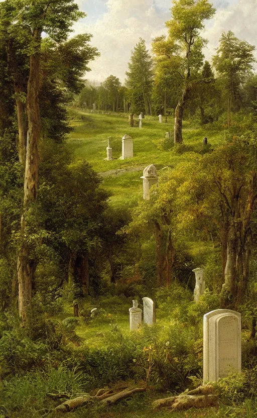 Image similar to artwork painting of a lush environment, a cemetery headstone by eugene von guerard, ivan shishkin