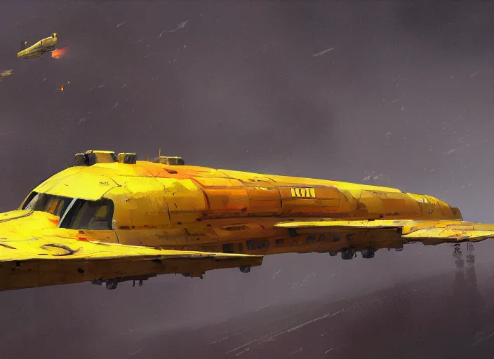 Prompt: a painting of a futuristic yellow submarine plane flying through the sky, red wings, concept art by Ian McQue, cgsociety, highly detailed, artstation, concept art, sci-fi