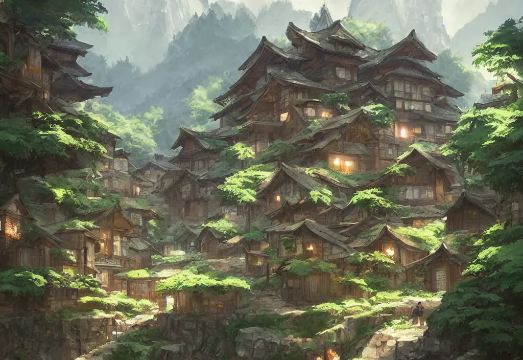 Image similar to concept art painting of a cozy village in a mountainous fantasy forested valley, historic european and japanese architecture, realistic, detailed, cel shaded, in the style of makoto shinkai and greg rutkowski and james gurney