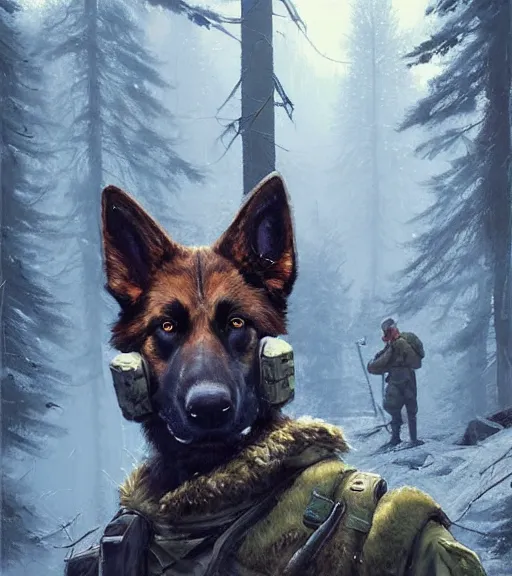 Prompt: Norwegian forest war action portrait of furry anthro anthropomorphic german shepard head animal person fursona wearing clothes modern soldier tactical digital art by Greg Rutkowski, Simon Stalenhag, trending on Artstation, CGSociety