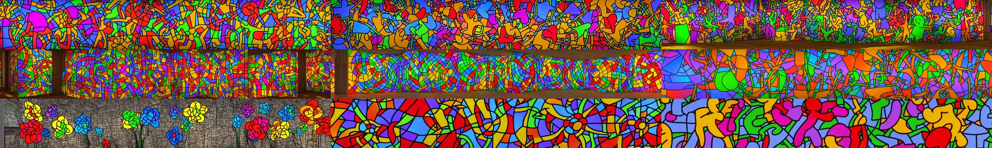 Prompt: raytracing demonstration in unreal engine 5 using RTX, showing light passing through the result from Piet Mondrian took LSD with Keith Haring and Marc Chagali and made these stained glass flowers, SIGGRAPH, Maxwell render, sunny HDRI